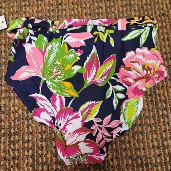 Anne Cole Signature Tropical Bloom Belted High-Waist Bikini Bottom- Blue, Large - Picture 9 of 12